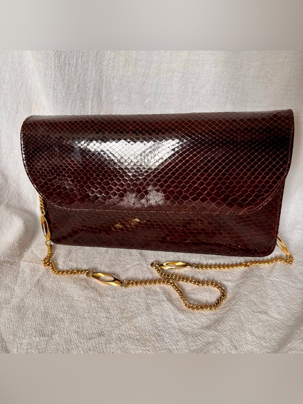 VTG Burdines Glossy Brown Snakeskin Gold Chain Strap Clutch
